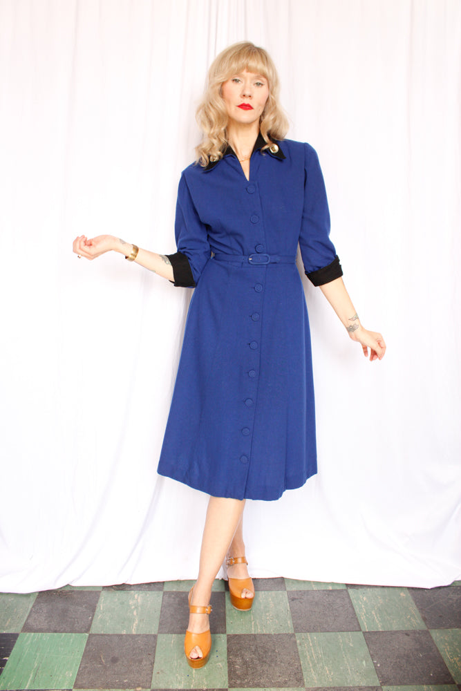 1950s Georgiana Blue Wool Dress - Small