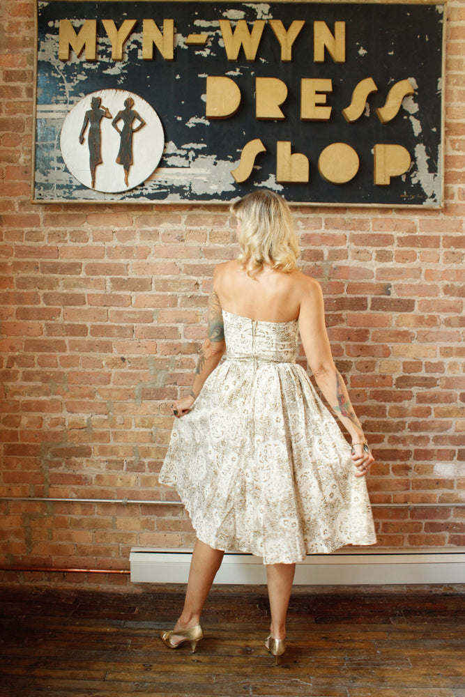 1950s Gold Flocked Strapless Party Dress - Small