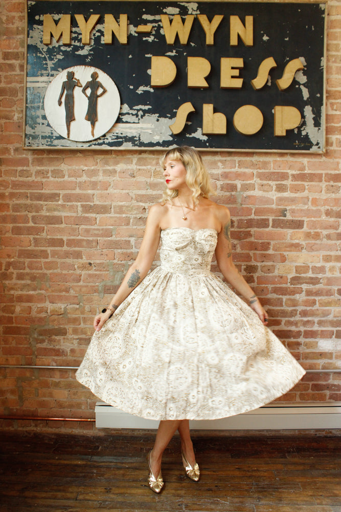 1950s Gold Flocked Strapless Party Dress - Small