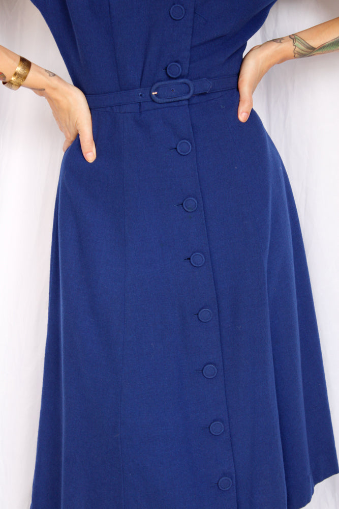 1950s Georgiana Blue Wool Dress - Small