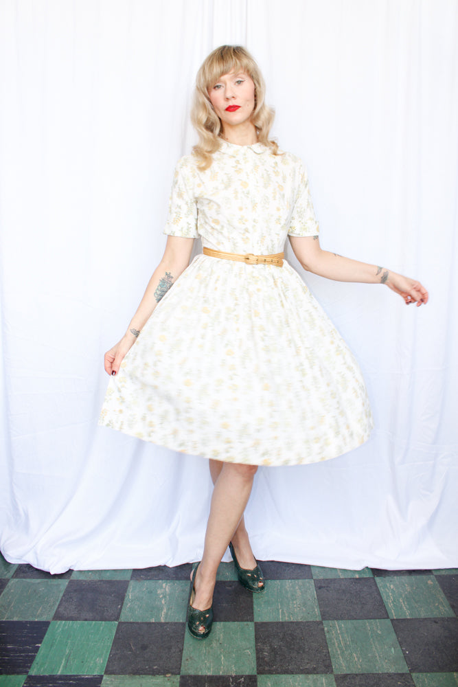 1950s Floral Cotton Shirtwaist Dress - Small