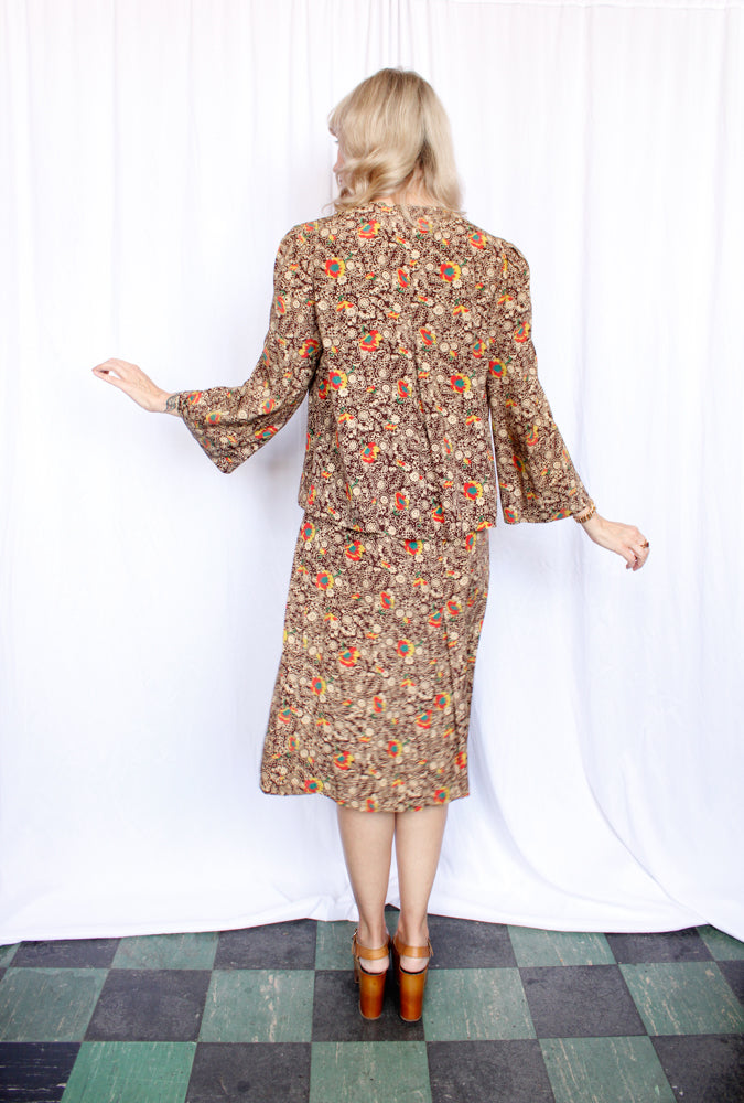 1930s Silk Fall Floral Puff Sleeve Dress and Jacket - Medium