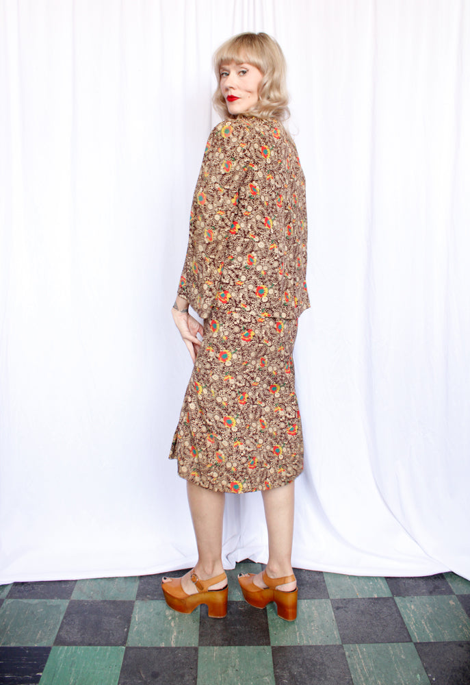 1930s Silk Fall Floral Puff Sleeve Dress and Jacket - Medium