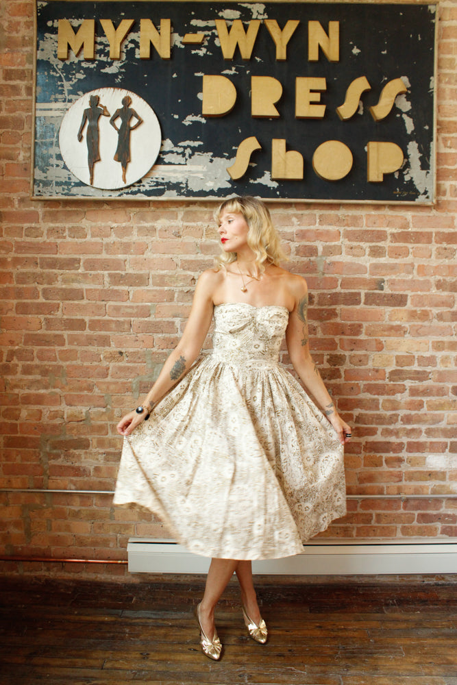 1950s Gold Flocked Strapless Party Dress - Small
