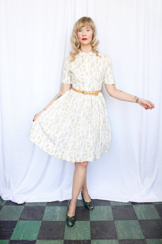 1950s Floral Cotton Shirtwaist Dress - Small