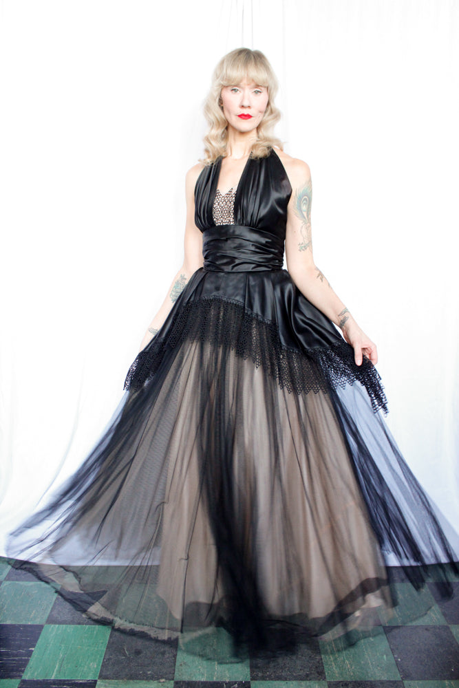 1950s Silk Satin & Tulle Marshall Fields Co Halter Gown - Small