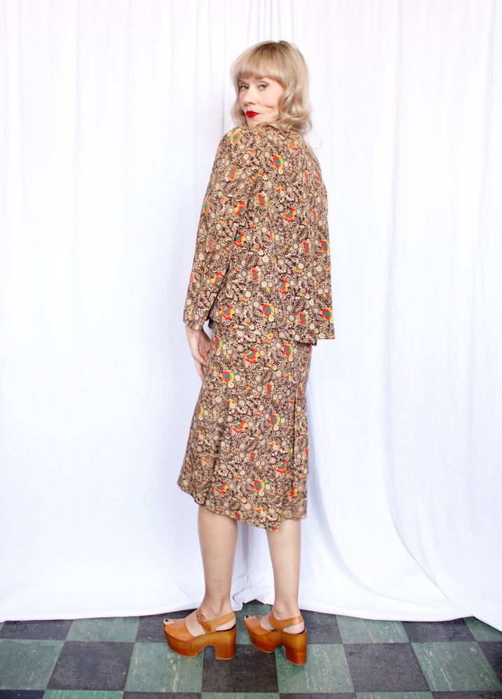 1930s Silk Fall Floral Puff Sleeve Dress and Jacket - Medium