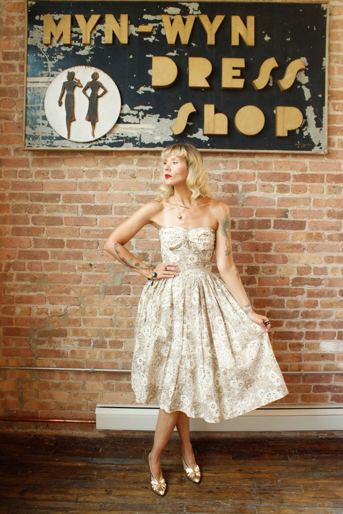 1950s Gold Flocked Strapless Party Dress - Small