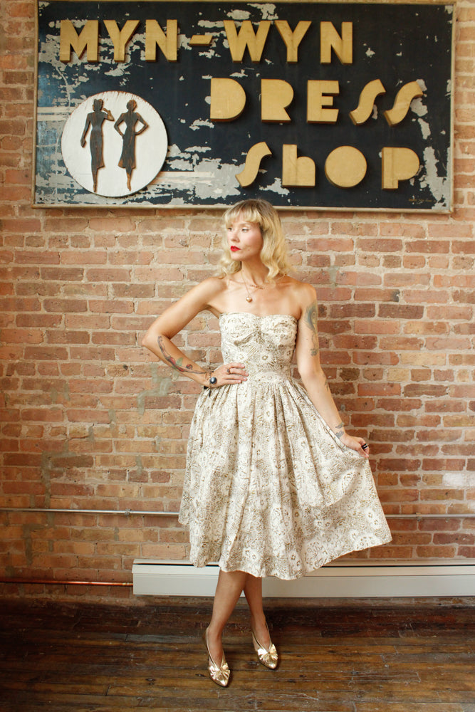 1950s Gold Flocked Strapless Party Dress - Small