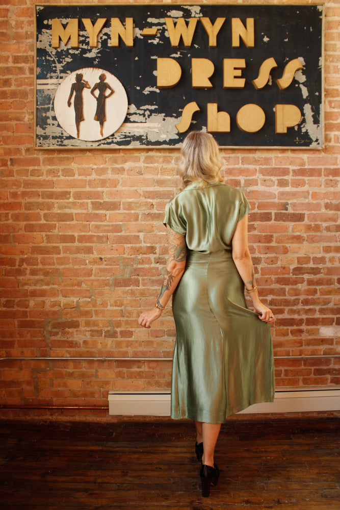 1940s Green Silk Satin Dress - S/M