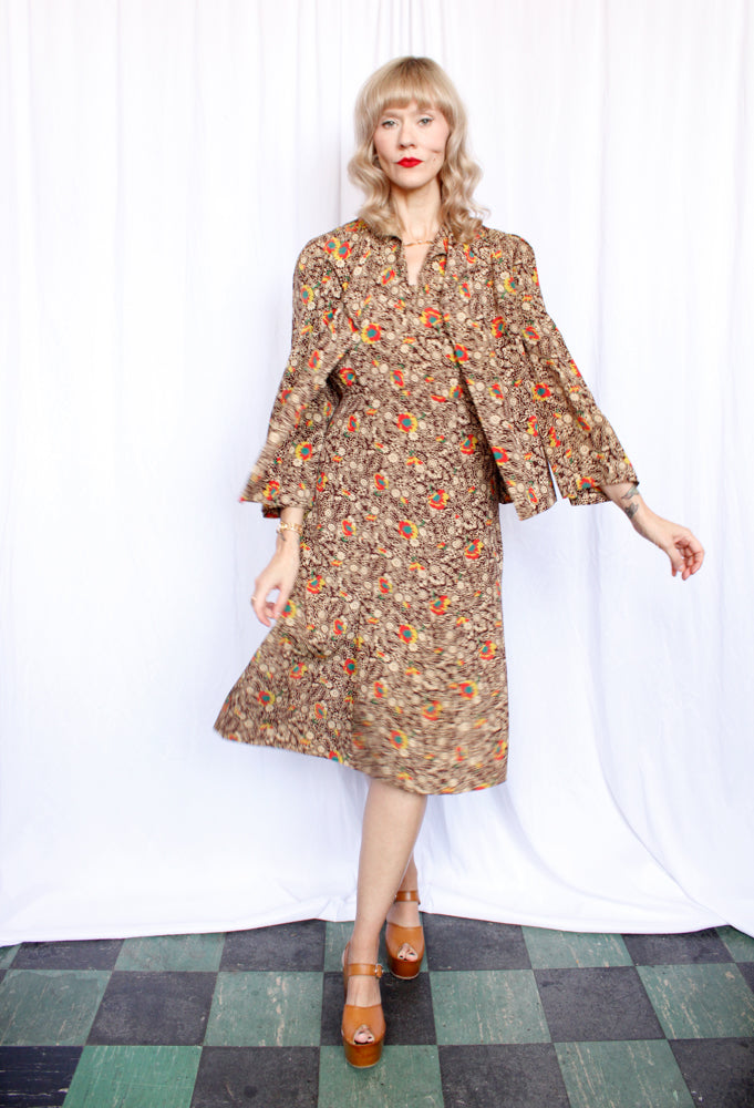 1930s Silk Fall Floral Puff Sleeve Dress and Jacket - Medium