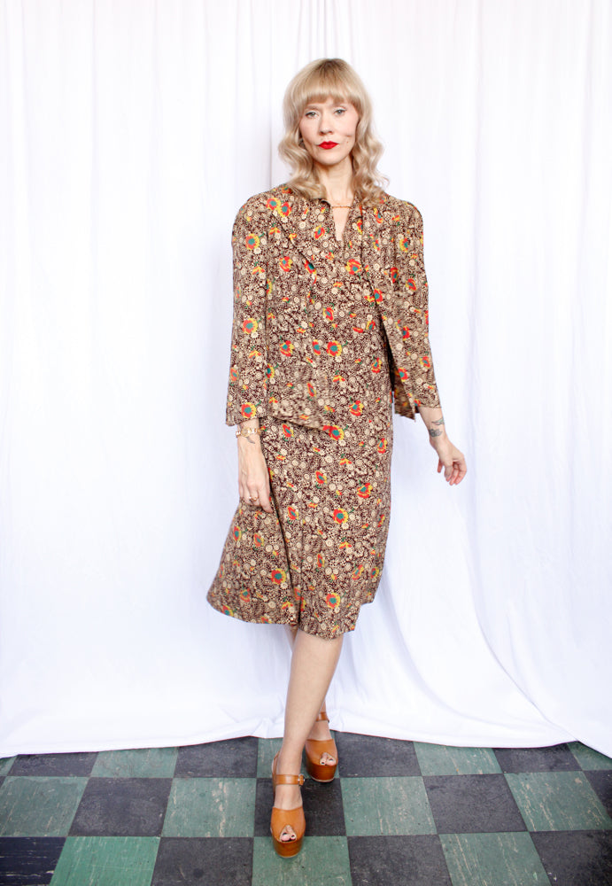 1930s Silk Fall Floral Puff Sleeve Dress and Jacket - Medium
