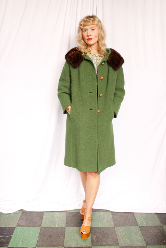 1960s Green Boucle Wool Coat - Medium