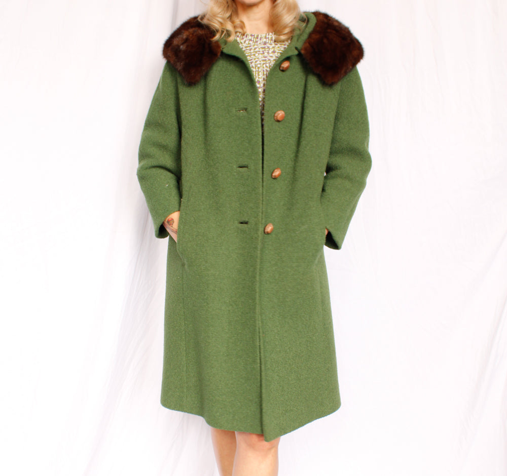 1960s Green Boucle Wool Coat - Medium