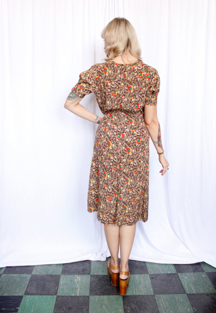 1930s Silk Fall Floral Puff Sleeve Dress and Jacket - Medium