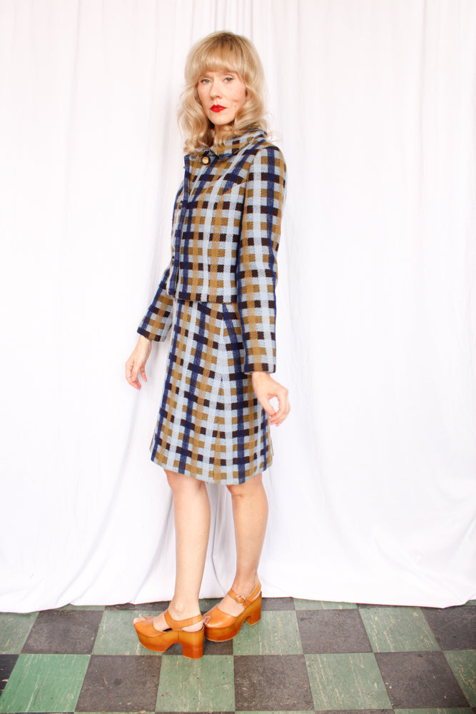 1960s Wool Plaid Dress & Jacket Suit - Medium