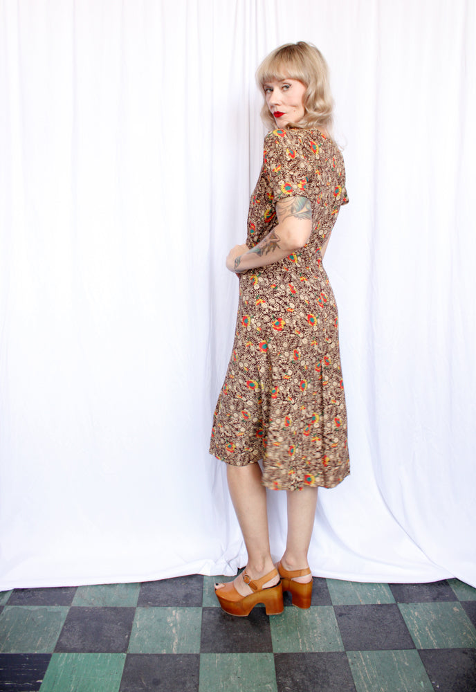 1930s Silk Fall Floral Puff Sleeve Dress and Jacket - Medium