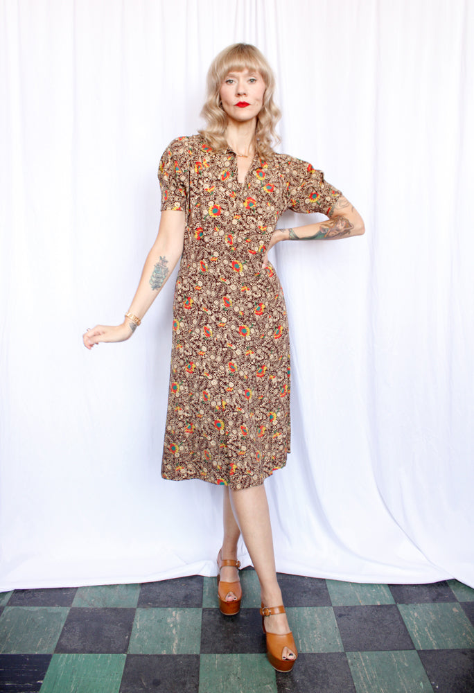1930s Silk Fall Floral Puff Sleeve Dress and Jacket - Medium