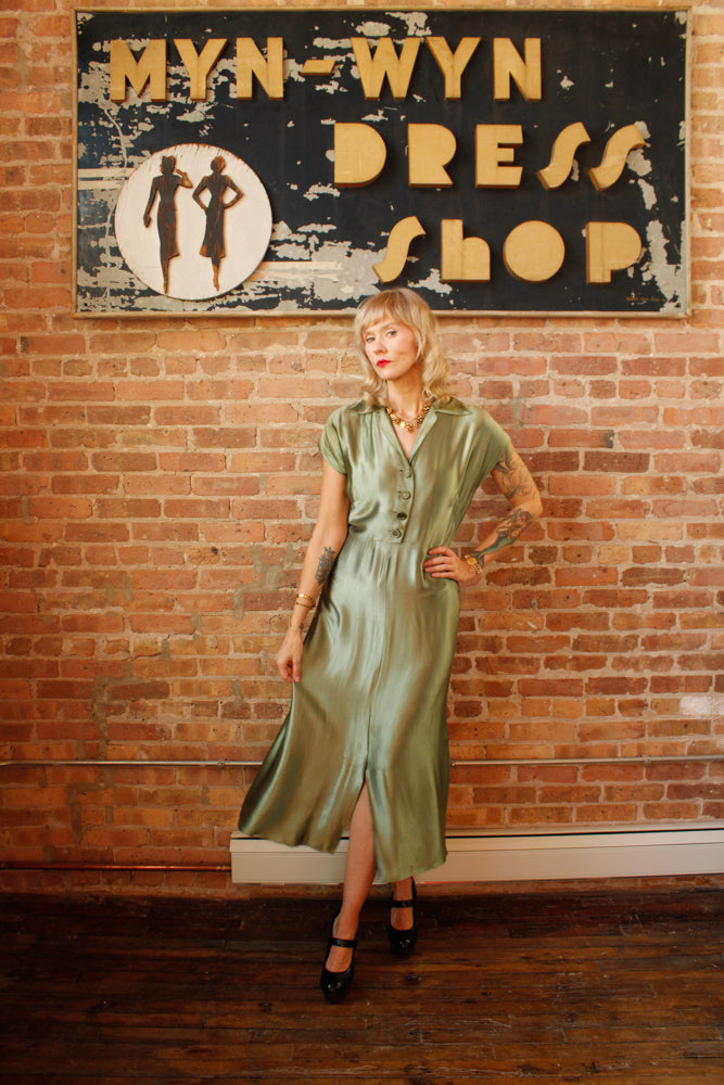 1940s Green Silk Satin Dress - S/M