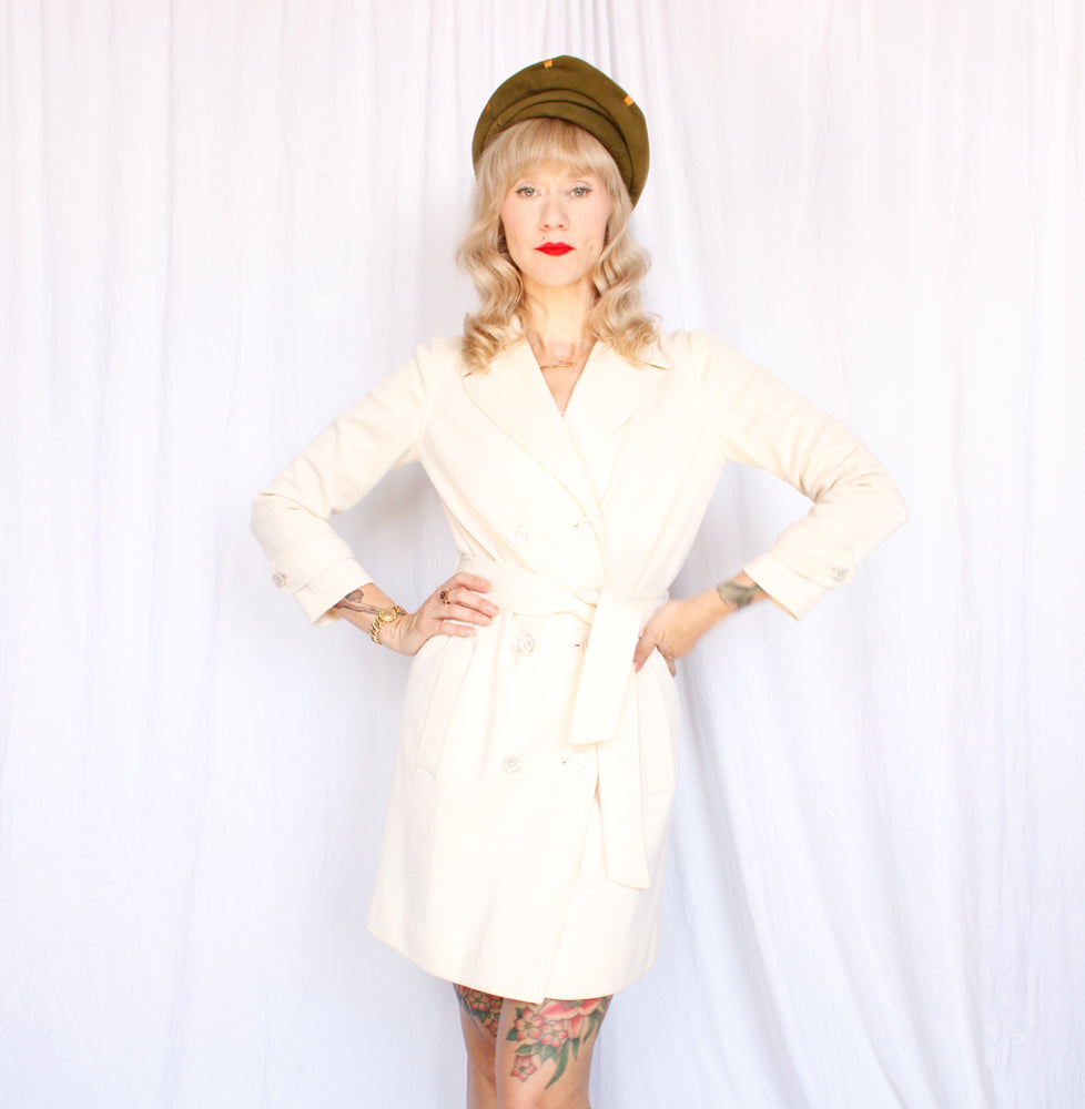 1960s Italian Gino Paoli Cream Wool Knit Trench Coat - Medium