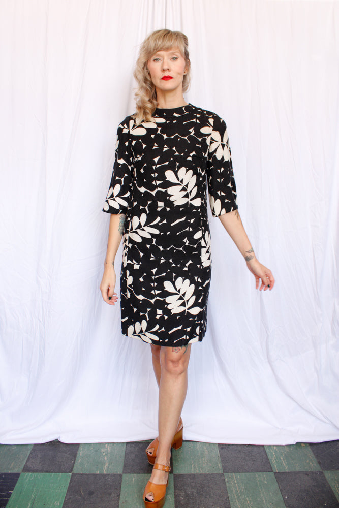 1960s Floral Twill Shift Dress - Small