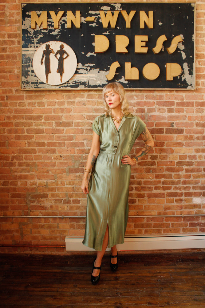 1940s Green Silk Satin Dress - S/M