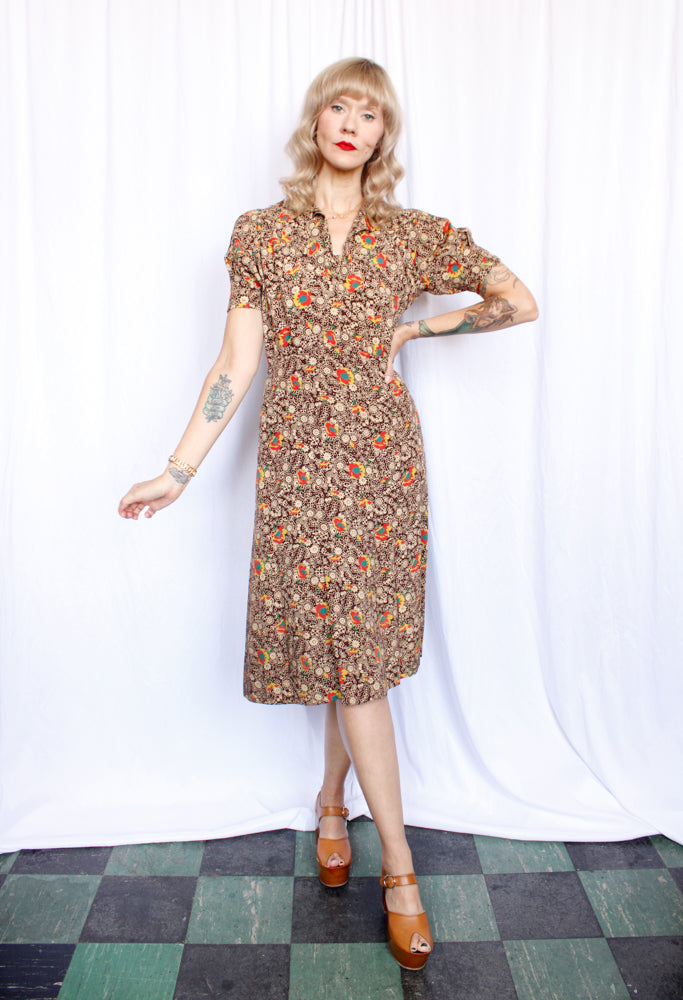 1930s Silk Fall Floral Puff Sleeve Dress and Jacket - Medium