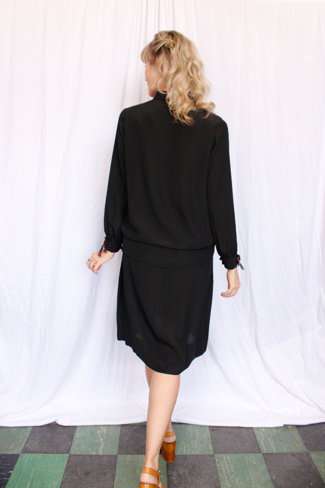 1920s Ada Black Silk Dress with Red Buttons - Medium