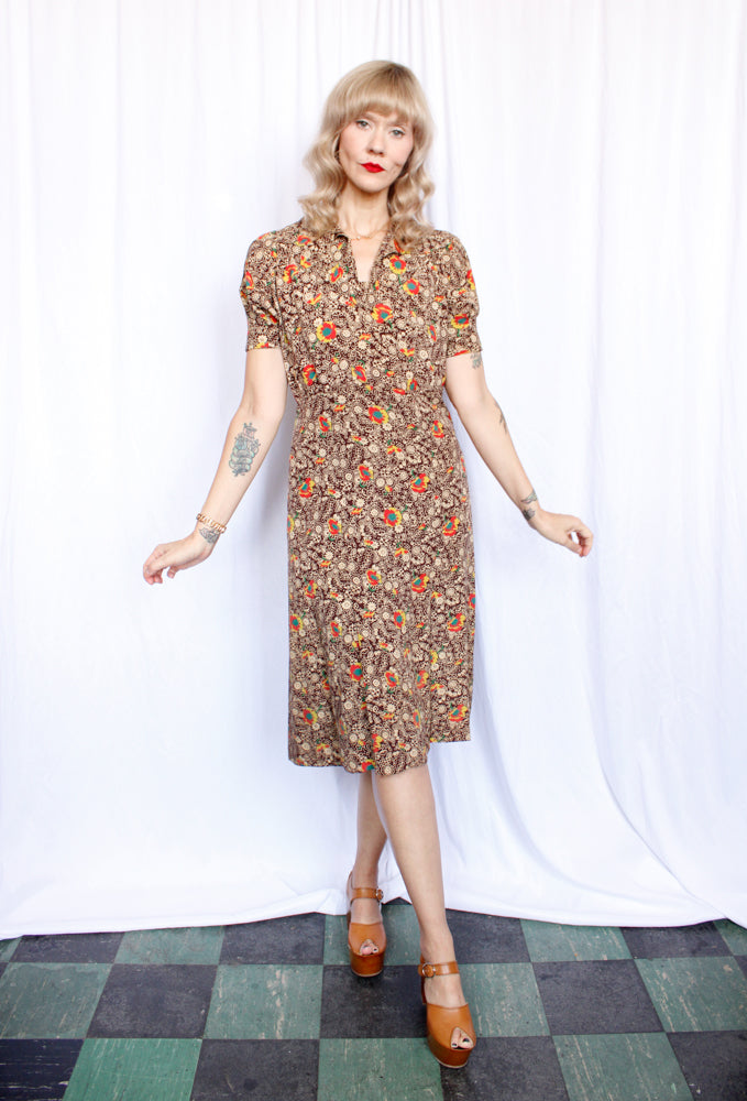 1930s Silk Fall Floral Puff Sleeve Dress and Jacket - Medium