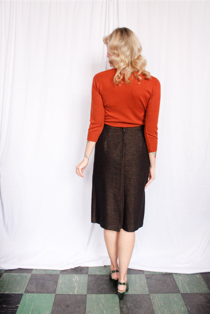 1980s Wool Copper & Black Pencil Skirt - Medium