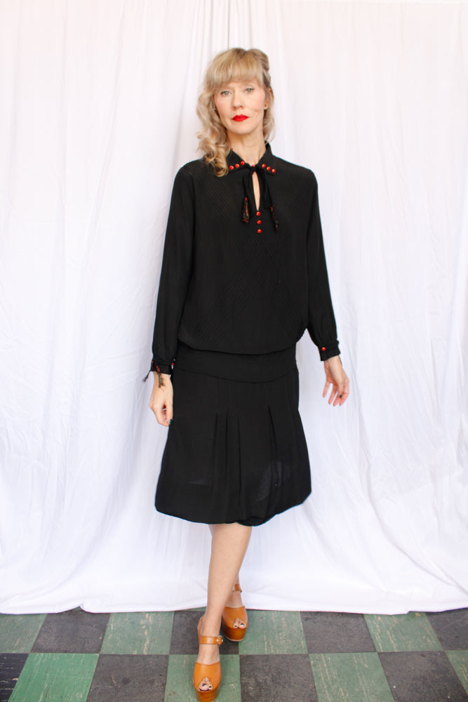 1920s Ada Black Silk Dress with Red Buttons - Medium