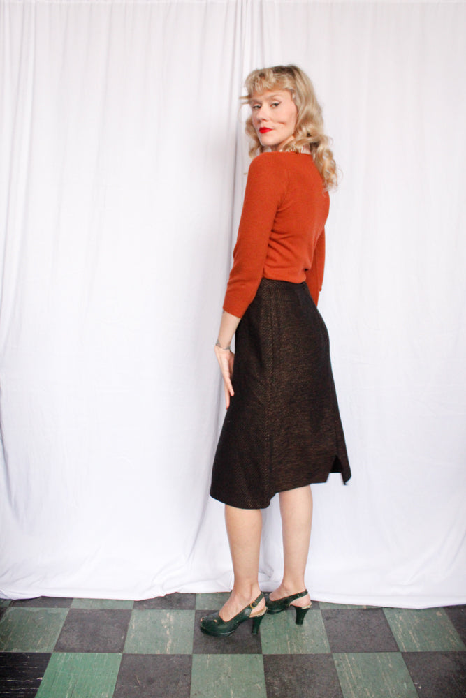 1980s Wool Copper & Black Pencil Skirt - Medium