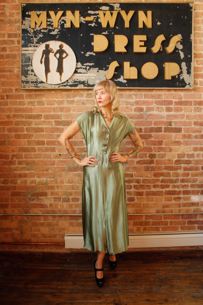 1940s Green Silk Satin Dress - S/M