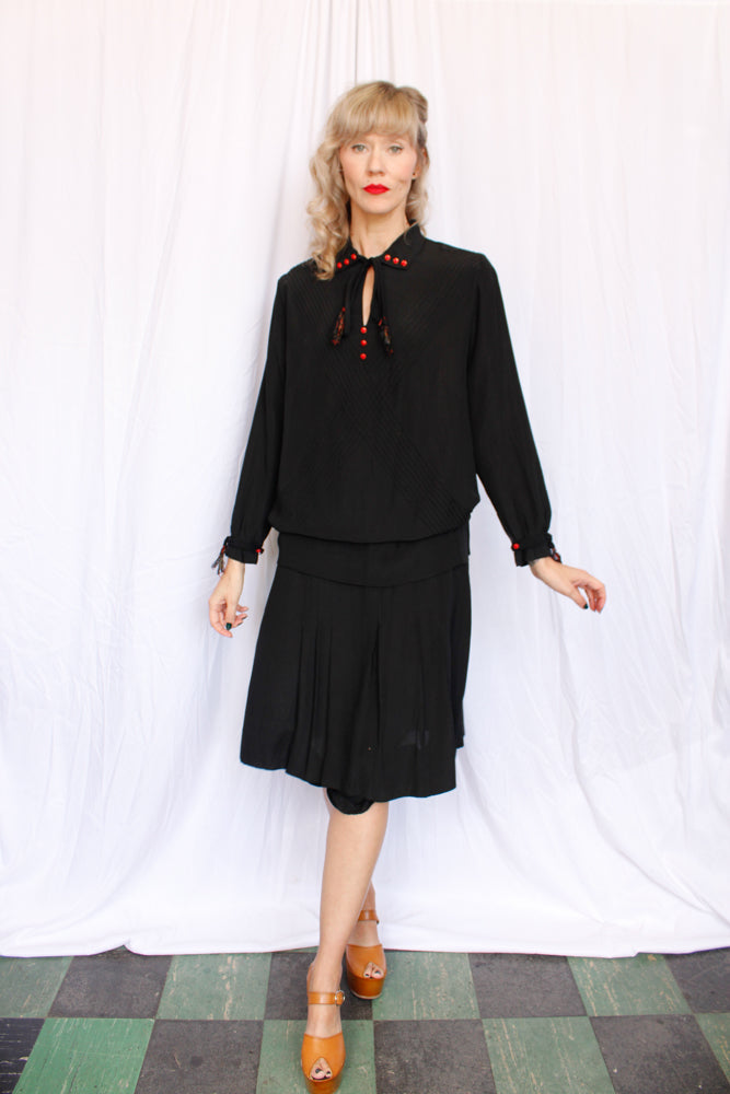 1920s Ada Black Silk Dress with Red Buttons - Medium