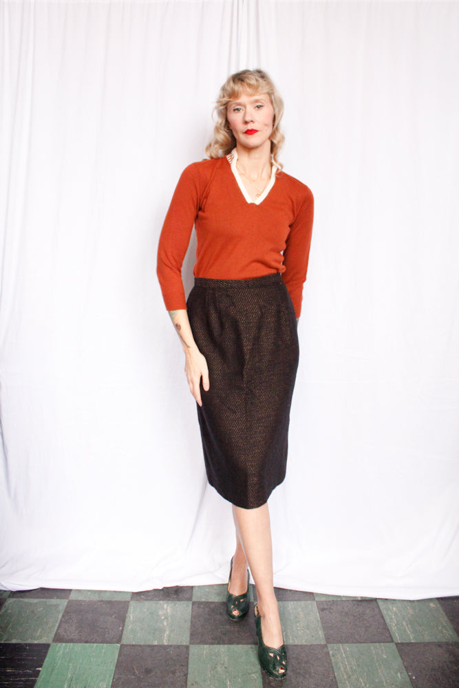 1980s Wool Copper & Black Pencil Skirt - Medium
