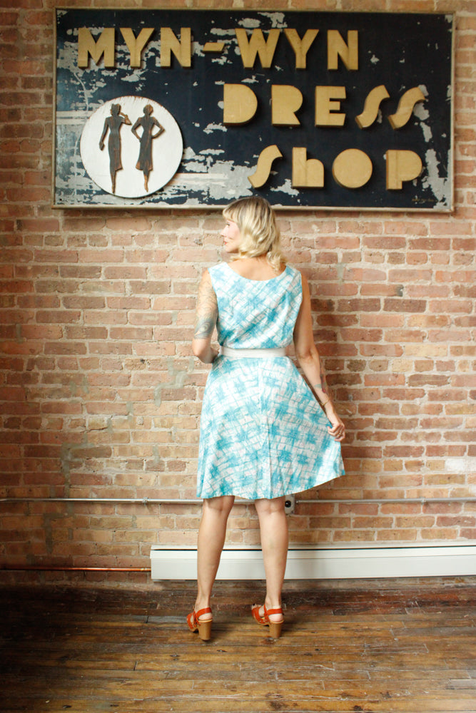 1960s Aqua Plaid Cotton Dress - Large