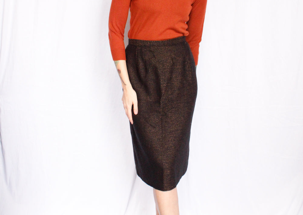 1980s Wool Copper & Black Pencil Skirt - Medium