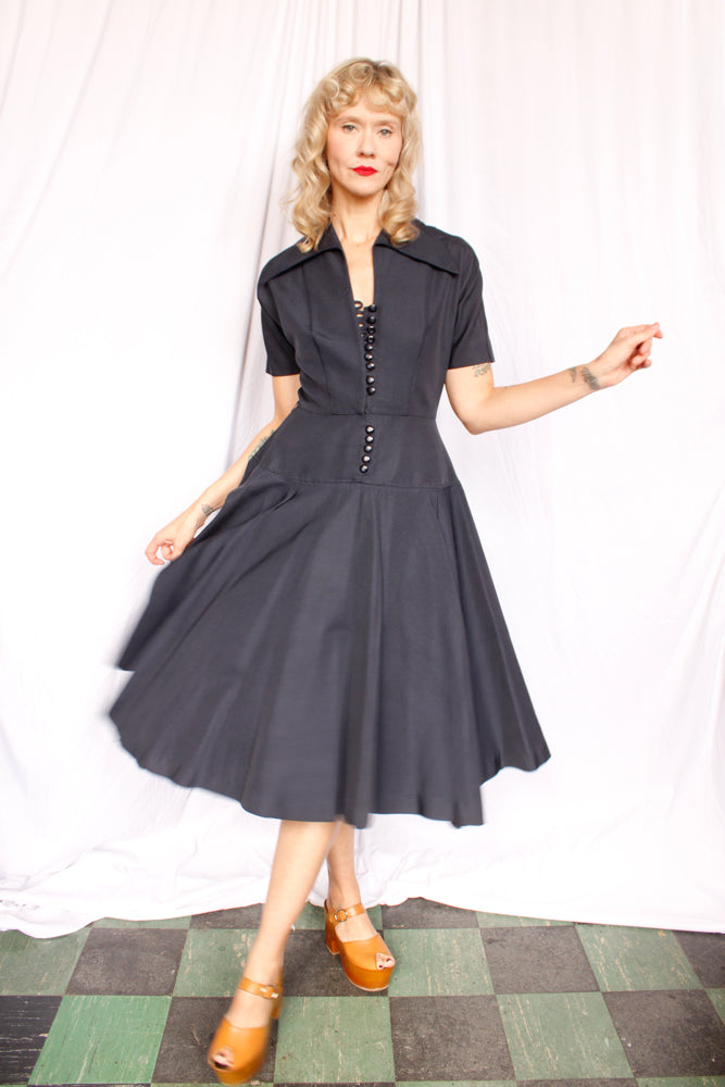 1950s Dior Style Silk Navy Dress - Small