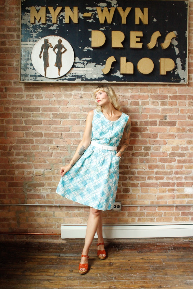 1960s Aqua Plaid Cotton Dress - Large