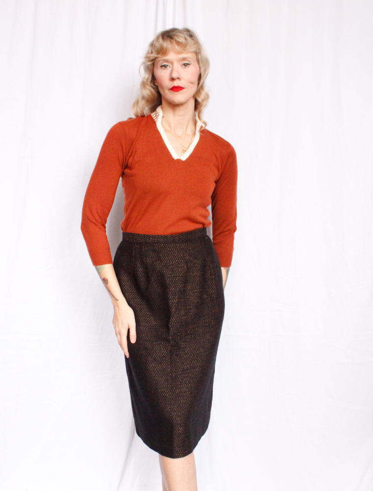 1980s Wool Copper & Black Pencil Skirt - Medium
