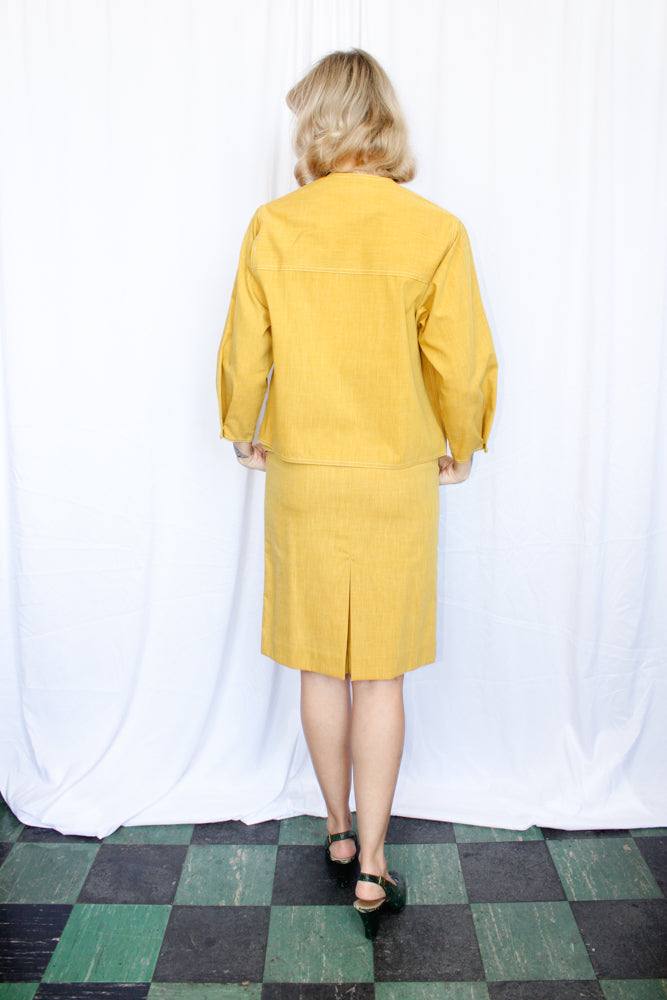 1950s 3pc Golden Yellow Cotton Suit - Small