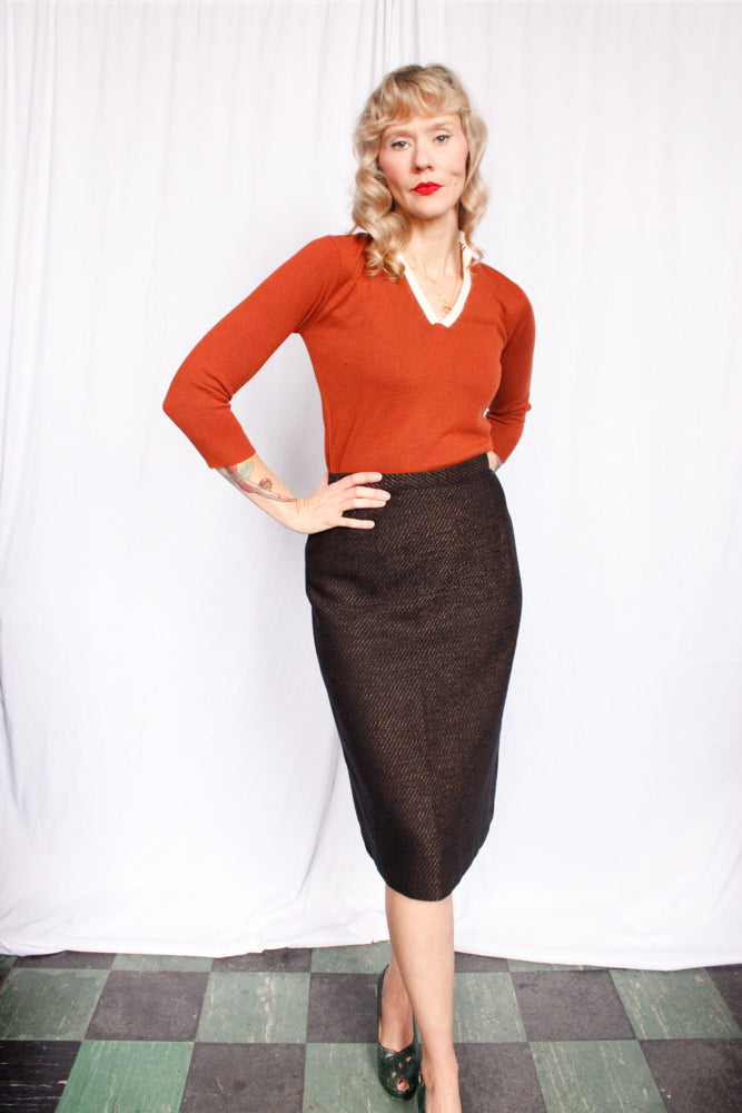 1980s Wool Copper & Black Pencil Skirt - Medium
