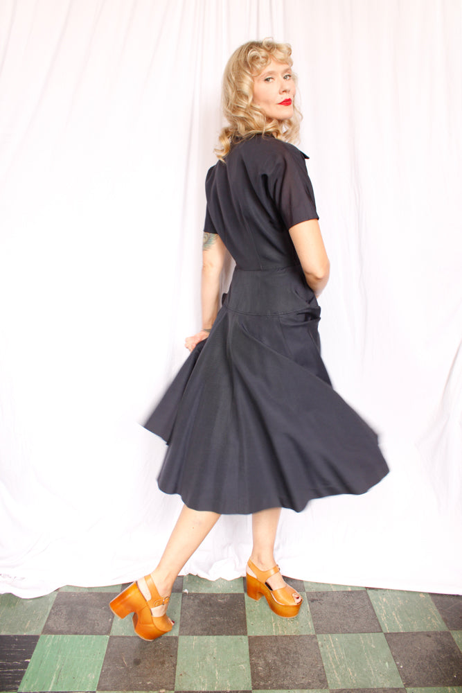 1950s Dior Style Silk Navy Dress - Small