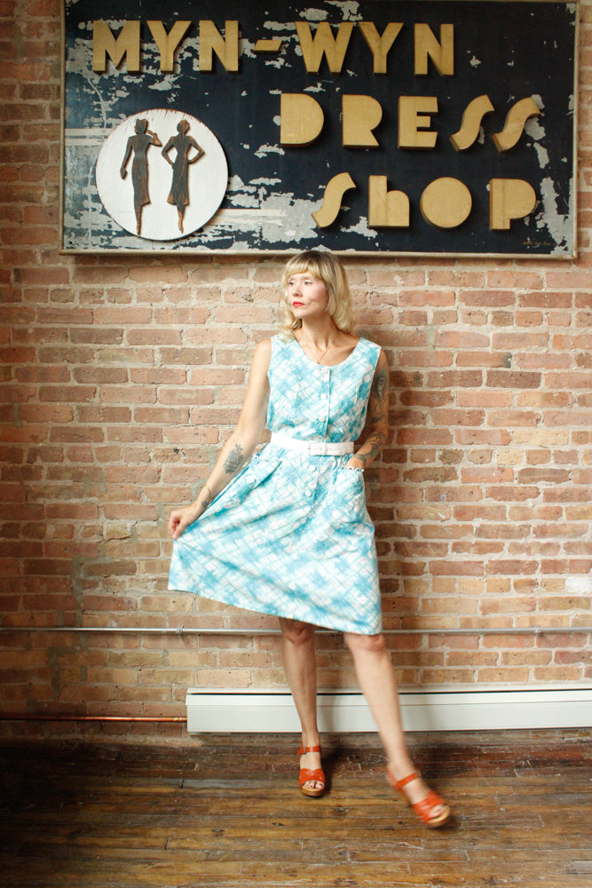 1960s Aqua Plaid Cotton Dress - Large