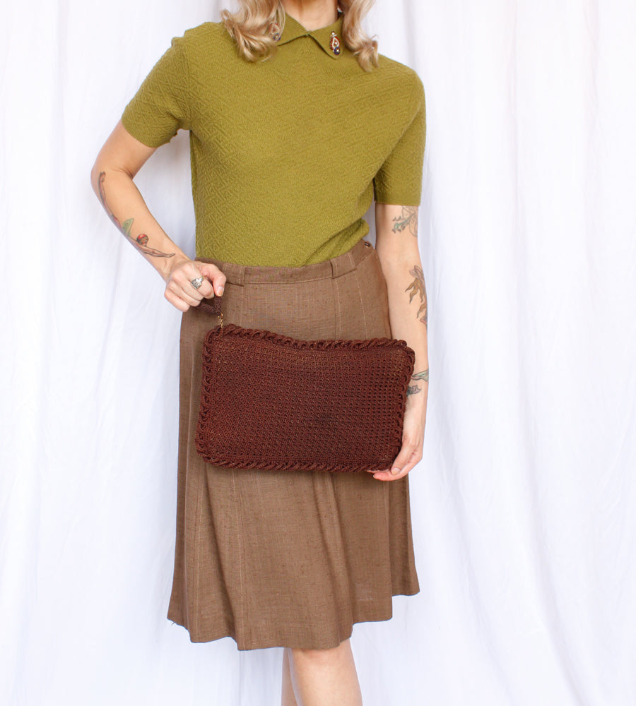 1940s Dark Brown Knit Cordé Handbag