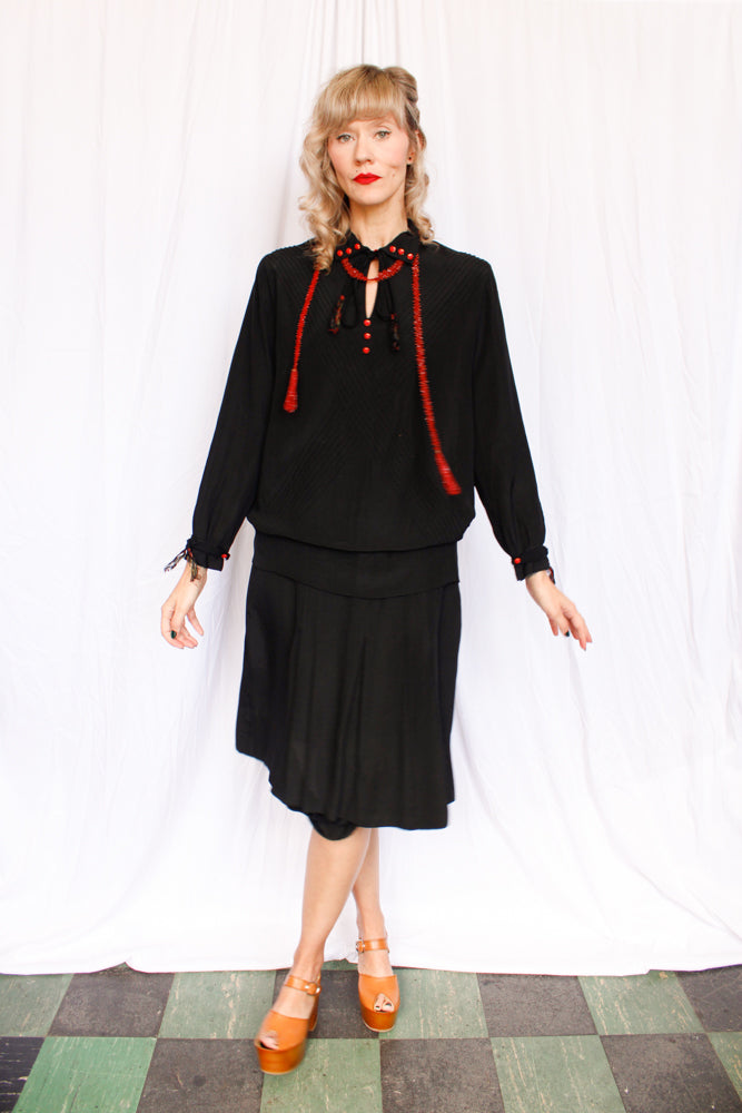 1920s Ada Black Silk Dress with Red Buttons - Medium