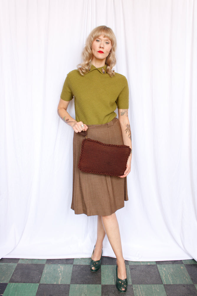 1940s Dark Brown Knit Cordé Handbag