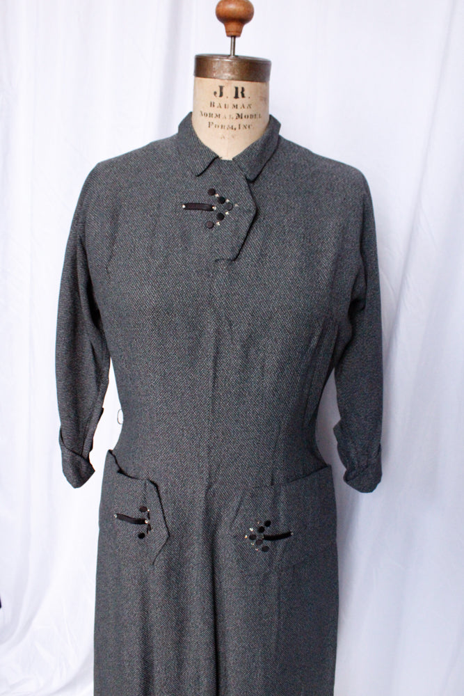 1950s This Way Gabardine Charcoal Dress - Medium