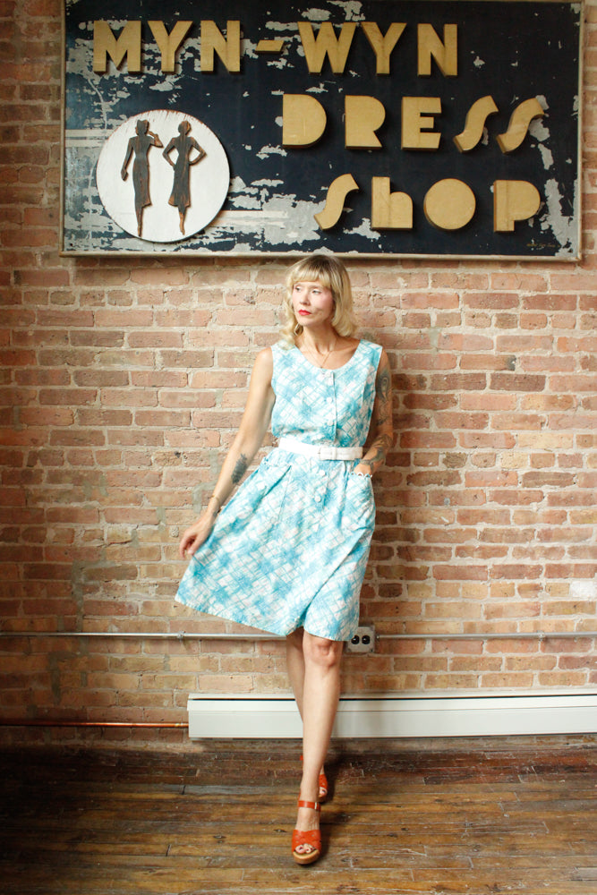 1960s Aqua Plaid Cotton Dress - Large