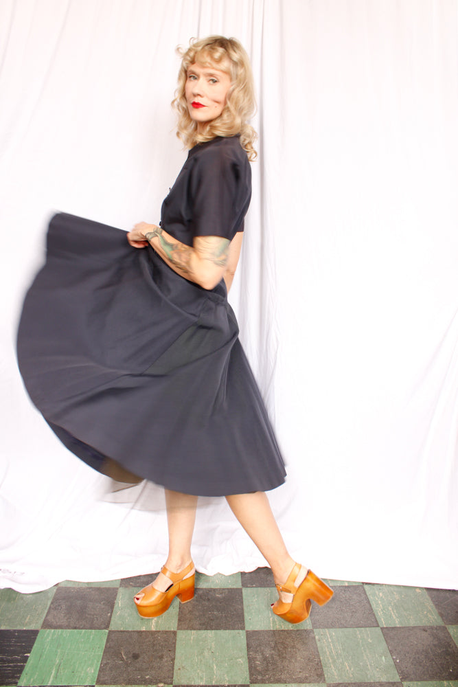1950s Dior Style Silk Navy Dress - Small